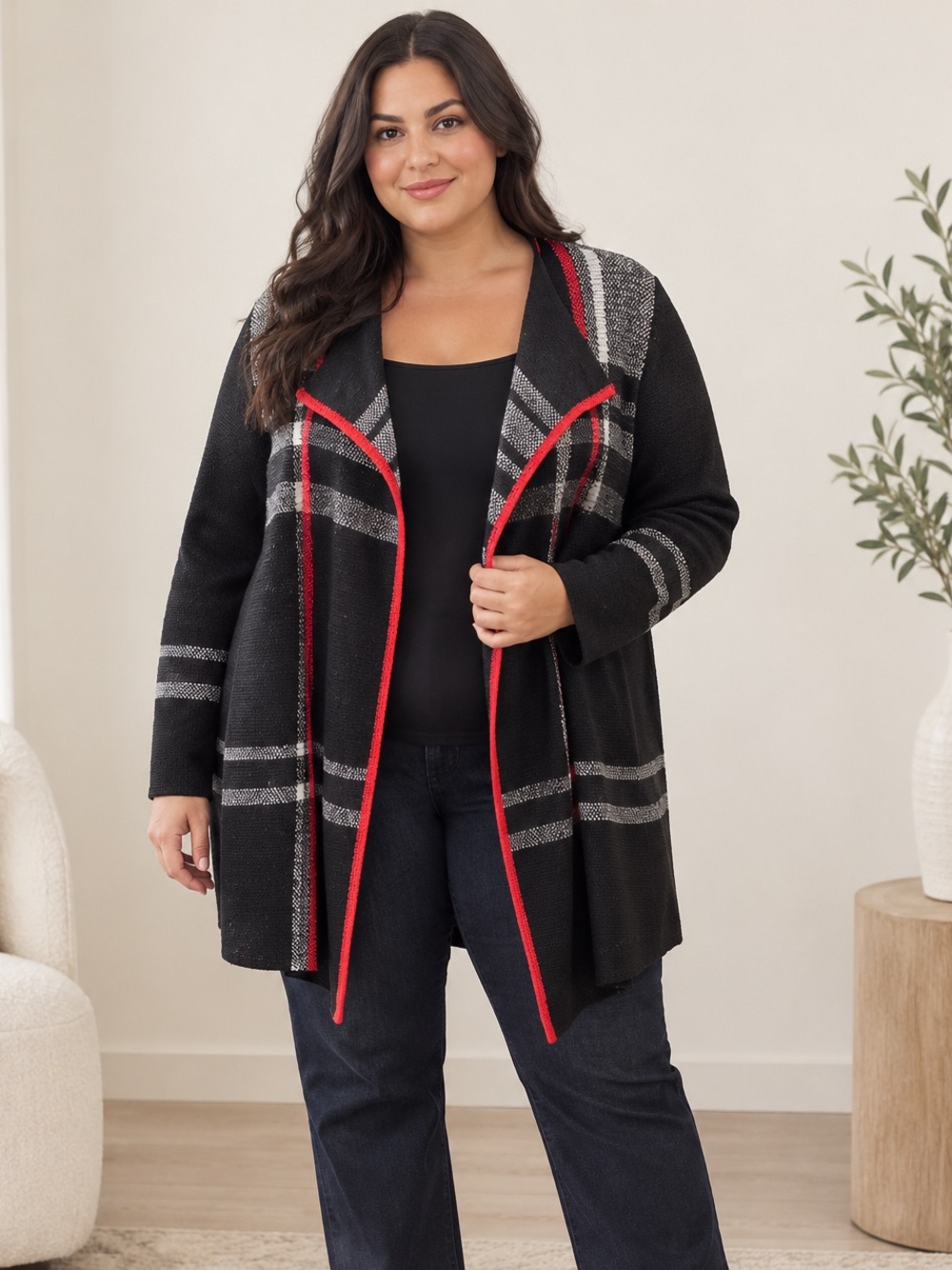 Charter Club Black Plaid Open Front Long Cardigan Sweater with Red Trim 1X